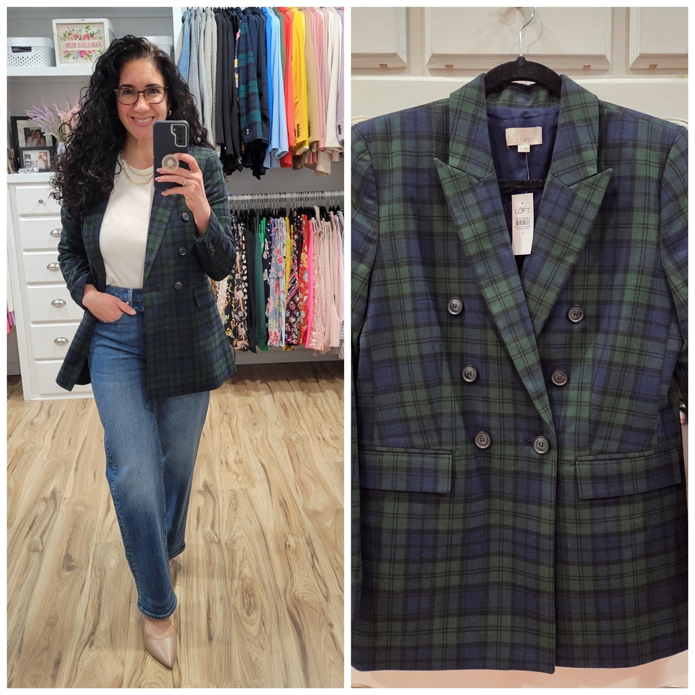 NWT LOFT Green and Navy Plaid Double-Breasted Blazer